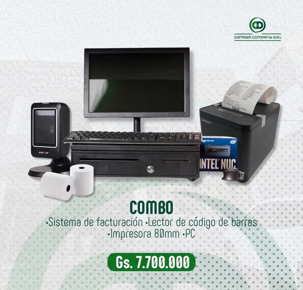 Combo estación de ventas Distrisa: PC, monitor, lector de código de barras e impresora térmica